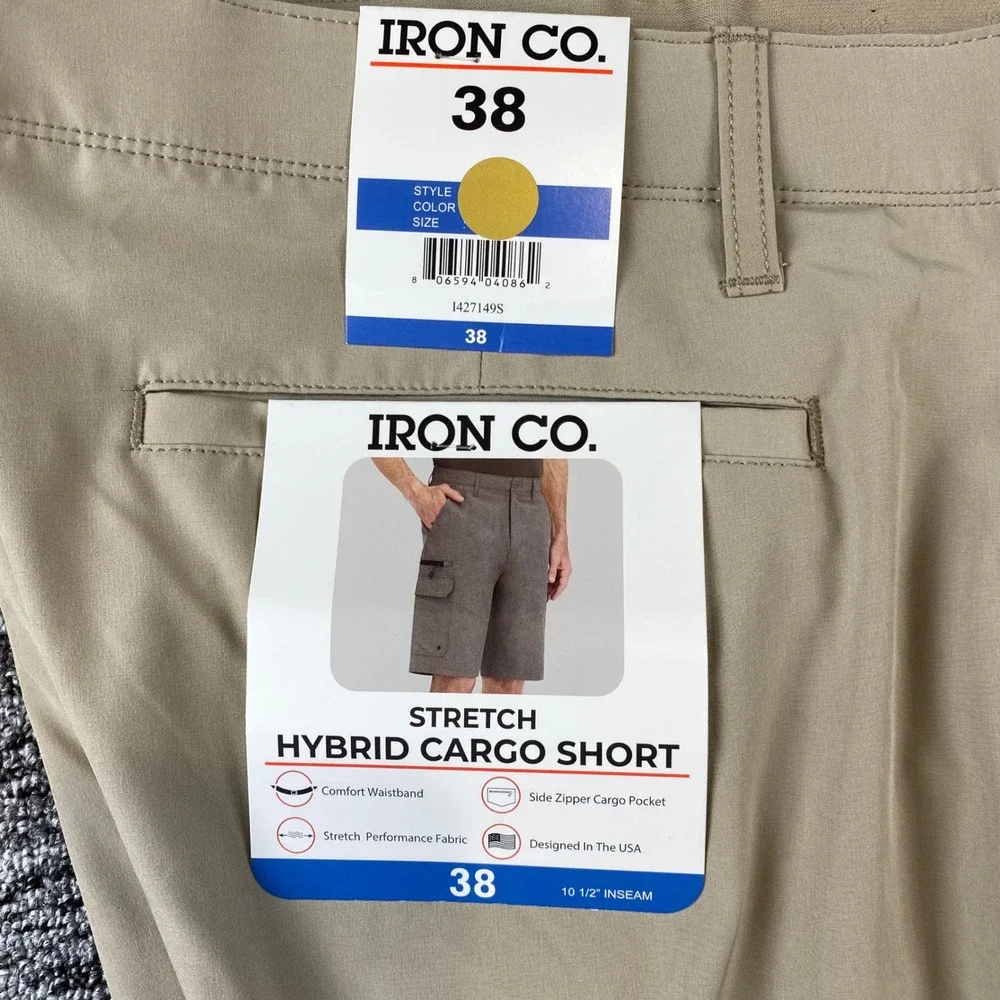 NWT Iron Co Mens Stretch Hybrid Cargo Shorts Khaki Tan Size 38 I427149S